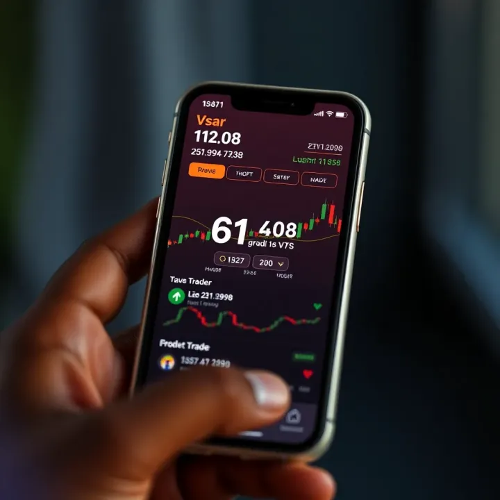 Mobile phone screen displaying a binary trading app interface with charts and trade options