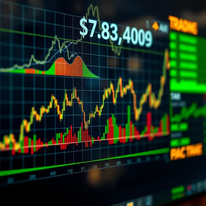 Graph illustrating rise and fall of financial asset prices with digital interface elements