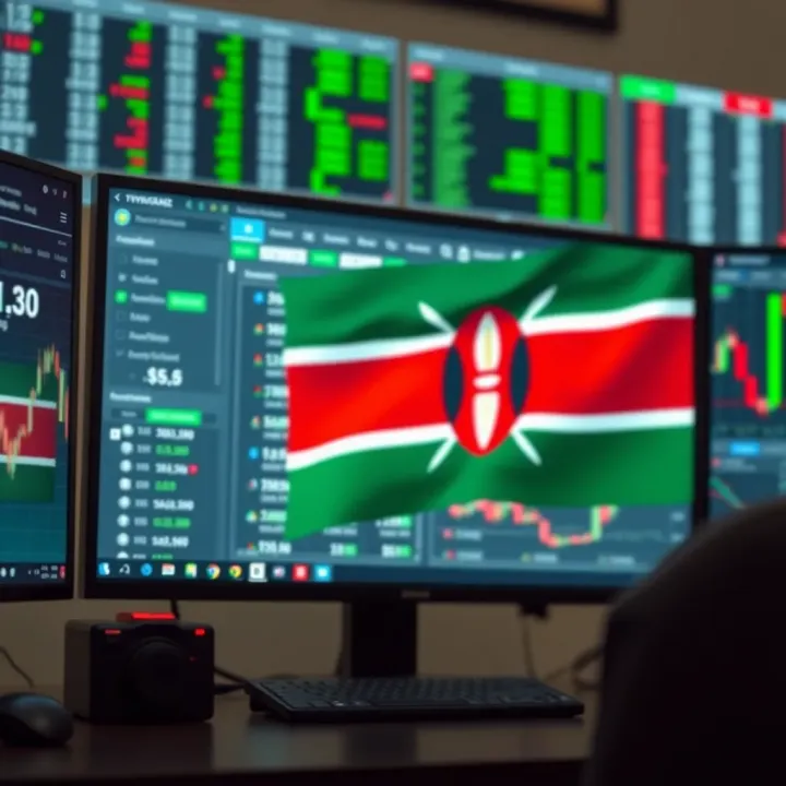 Illustration of binary trading account setup with digital interface and Kenyan flag