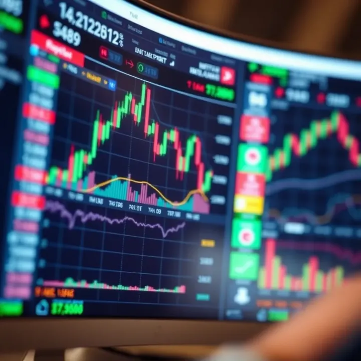 Digital interface displaying binary trading charts and price predictions on a screen