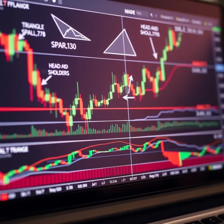 Various common chart patterns including triangles, head and shoulders, and flags displayed on trading graphs