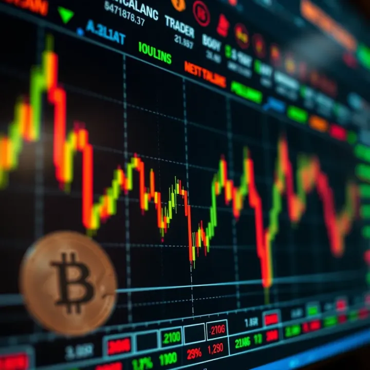 Digital chart showing cryptocurrency price fluctuations and trading volume