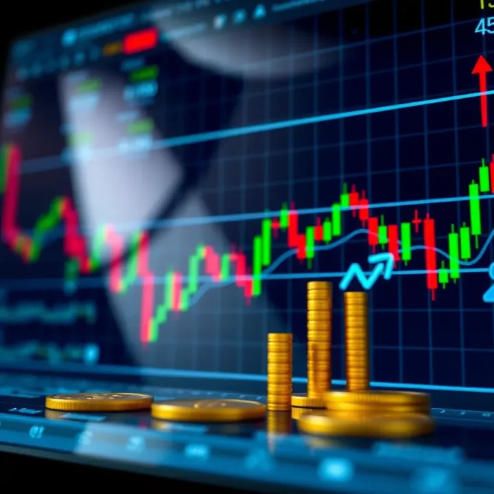 Conceptual illustration of crypto trading strategies with candlestick charts and arrows
