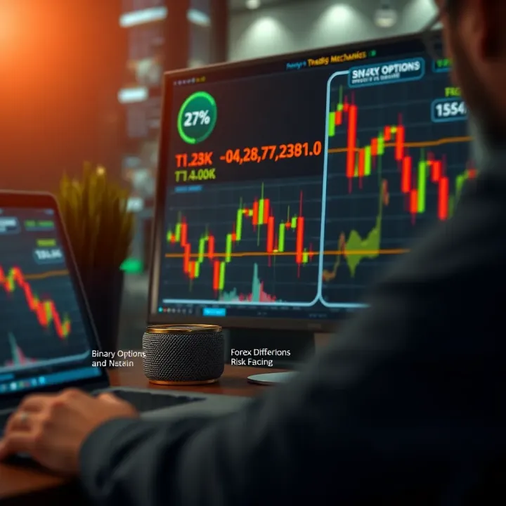 Trading Mechanics and Risk Factors in Binary Options and Forex Trading Diagram showing trading mechanics and risk factors in binary options versus forex trading