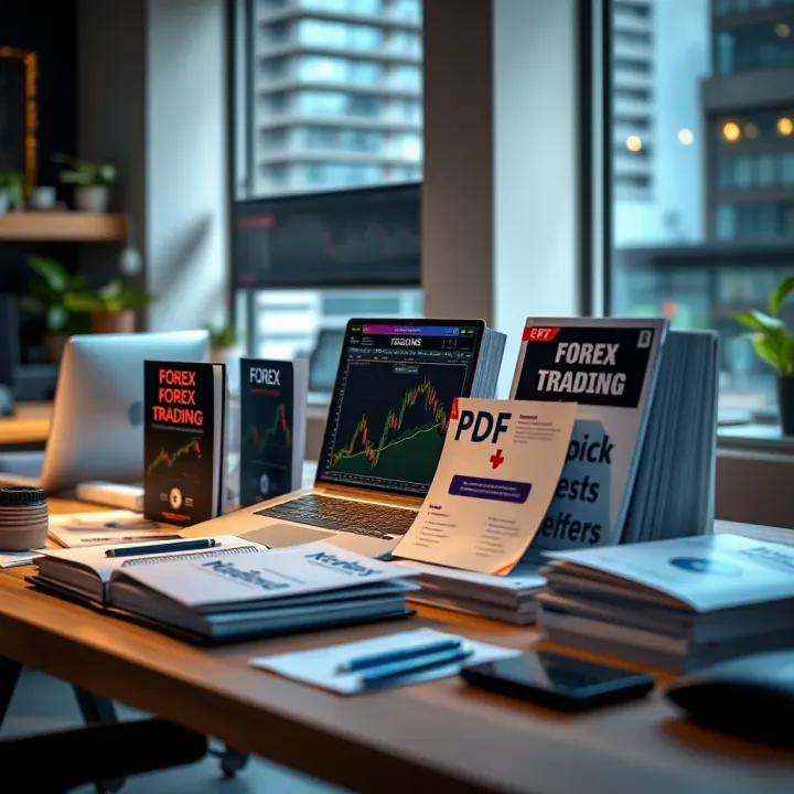 Collection of forex trading PDFs and guides displayed on a modern workspace for learning strategies