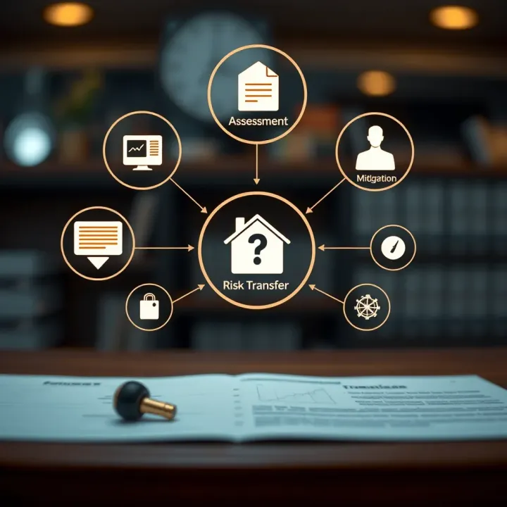 Conceptual graphic showing insurance policy icons connected to various risk management strategies like assessment, mitigation, and transfer