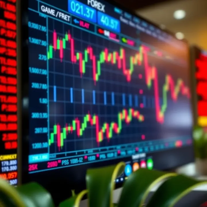 Illustration of forex trading platform with currency pairs and trading indicators