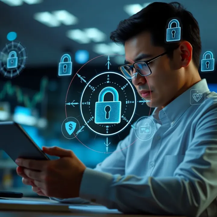 Protecting Personal Assets Through Risk Management Individual reviewing personal finances with digital security icons surrounding